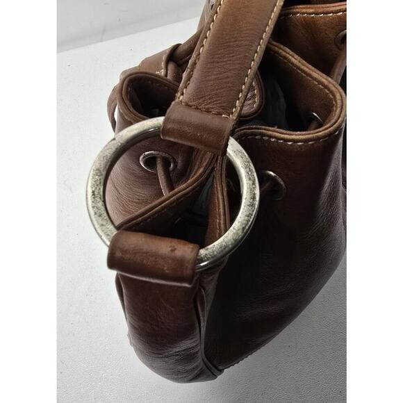 Vintage FOSSIL Brown British Tan Leather Shoulder Drawstring Bucket Bag - Picture 4 of 14